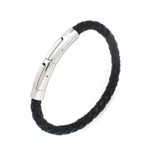 Premium Braided Leather Wristband Stainless Steel Magnetic Clasp Adjustable Custom Genuine Mens Leather Bracelets